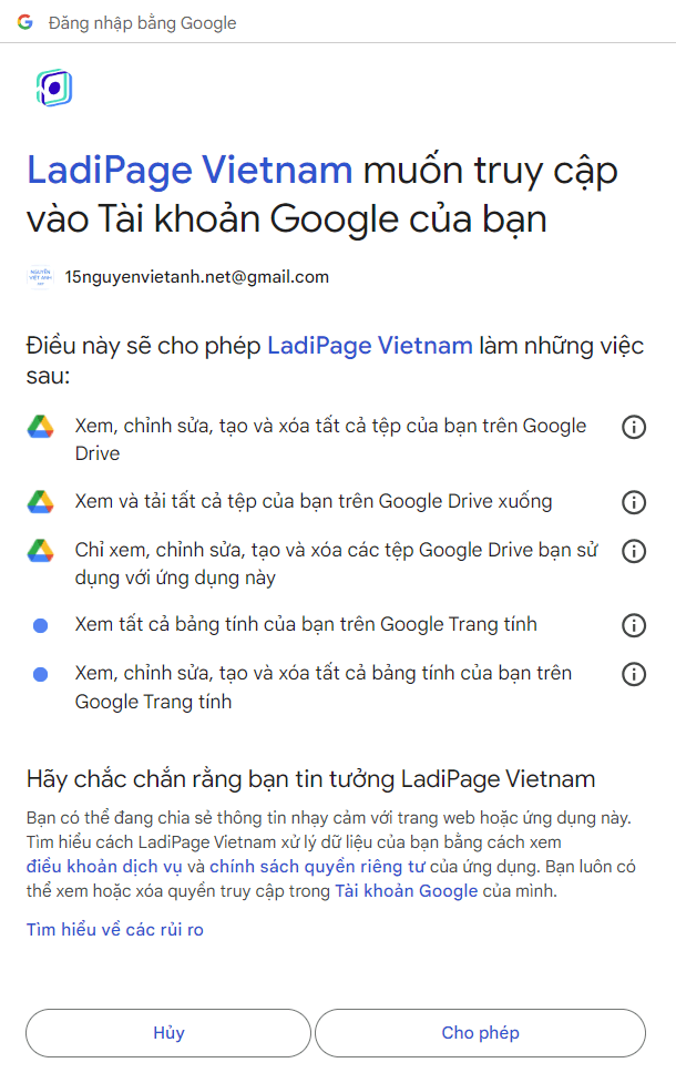 LadiPage Vietnam muốn truy cập vào Tài khoản Google của bạn