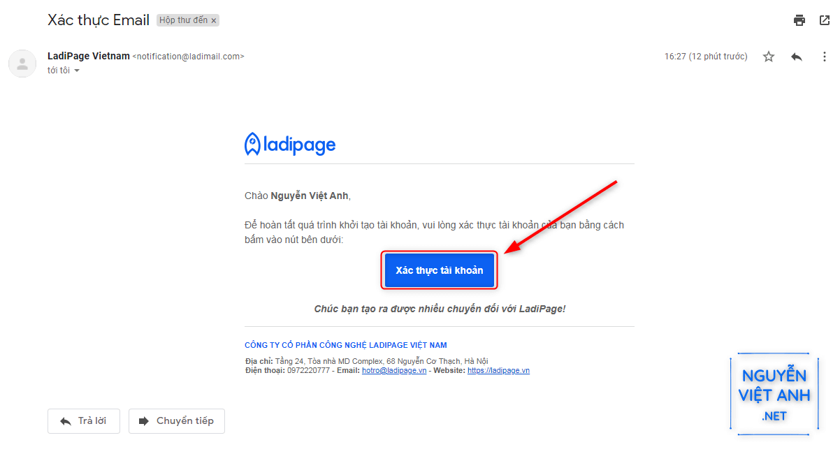 Xác thực email tk ladipage