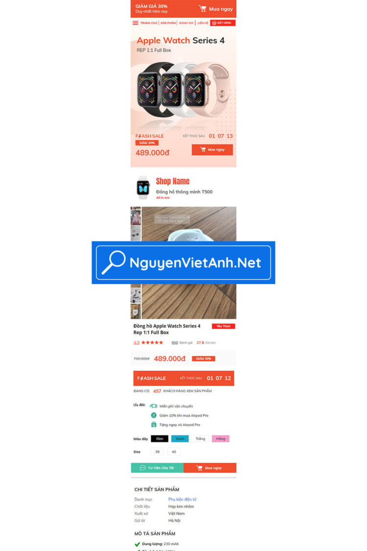 Theme mẫu landing page giả Shopee Đồng hồ thông minh